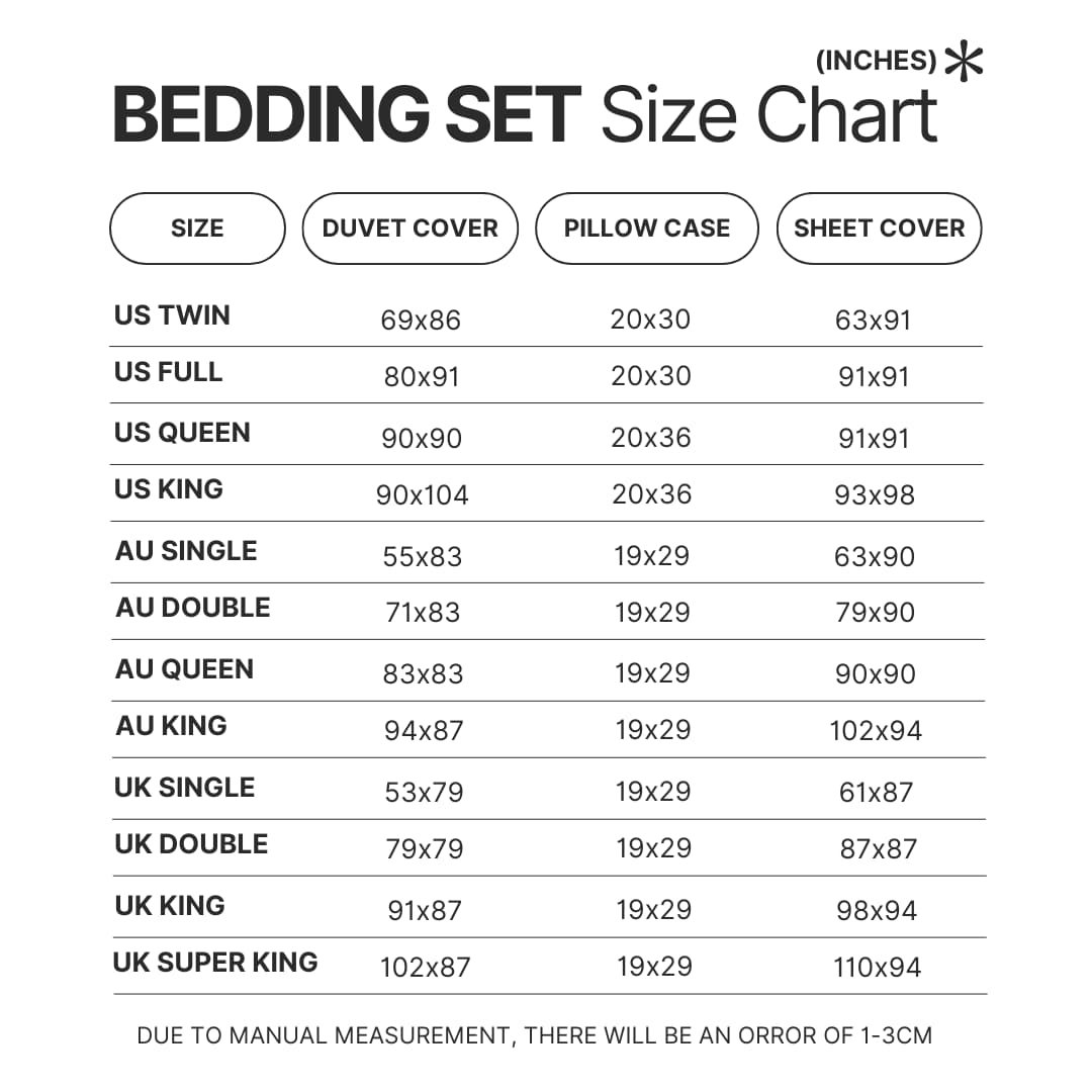Beding Set Size Chart - Fairy Tail Merch