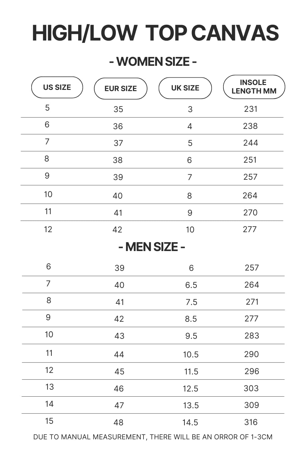 High Top Low Top Canvas Shoes Size Chart - Fairy Tail Merch